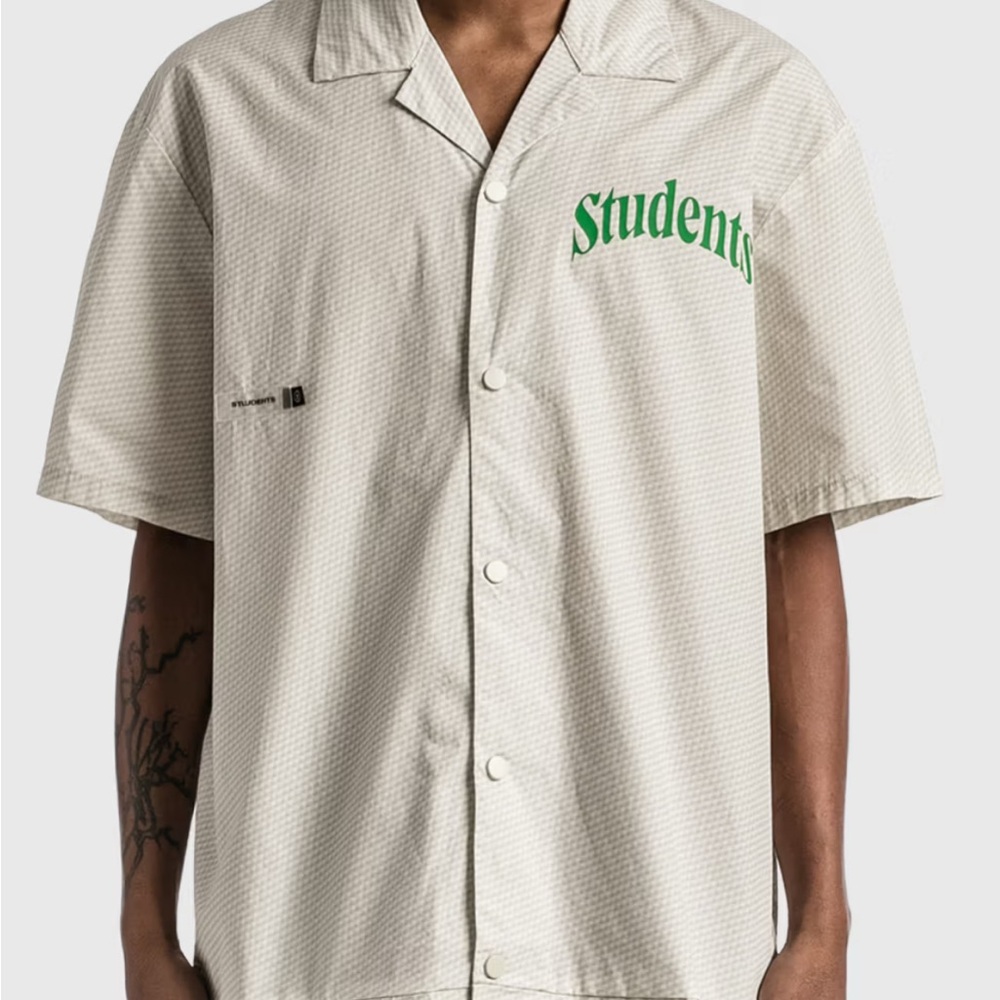 Casual Cream Button-Down Shirt with Green‎ Logo